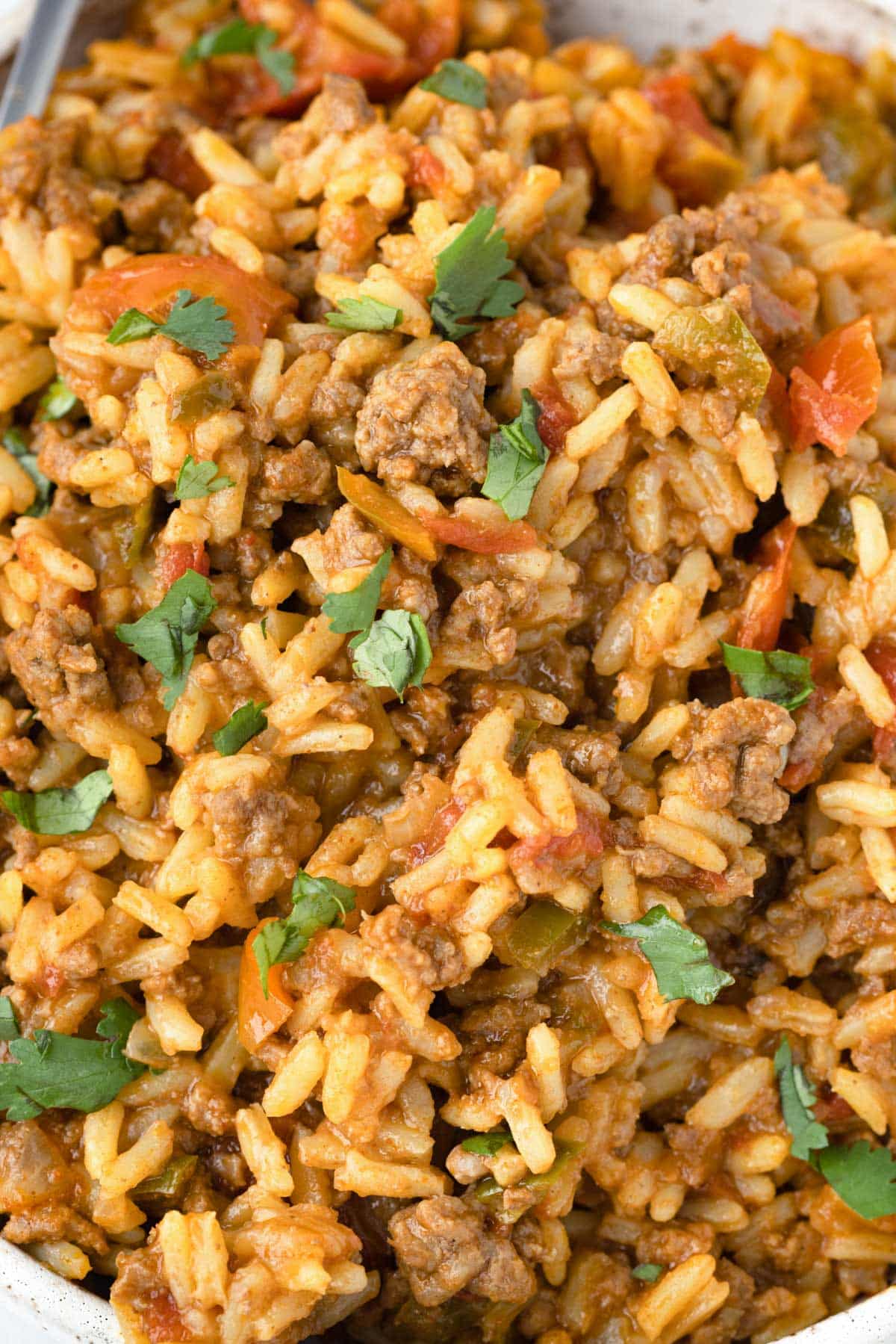 closeup of spanish rice with ground beef and fresh parsley on top