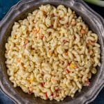 sweet amish macaroni salad in a bowl on a table
