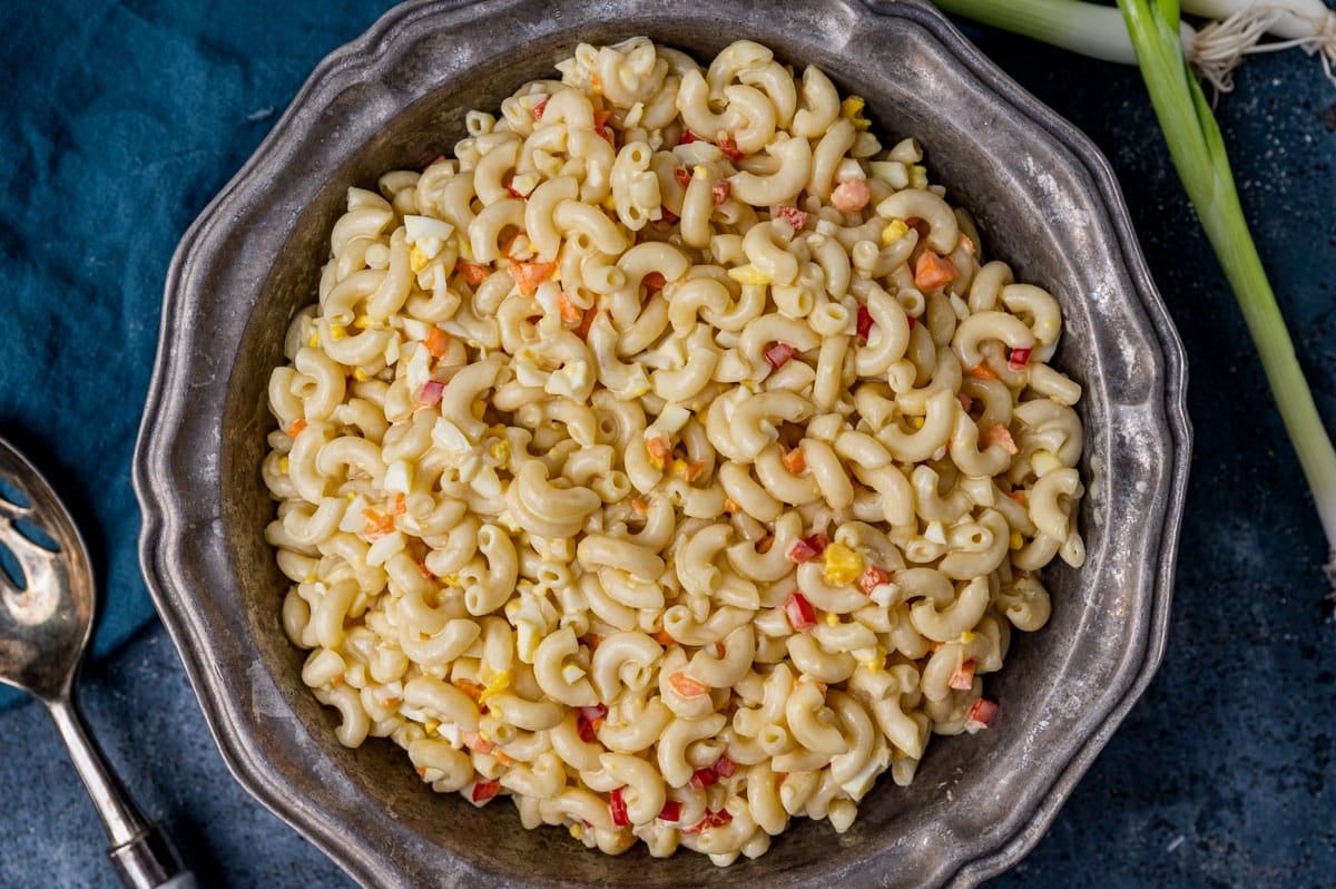 sweet amish macaroni salad in a bowl on a table