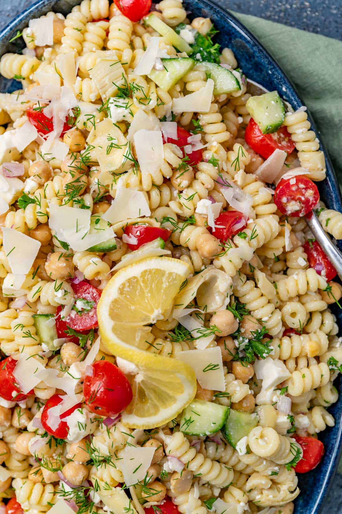 chickpea pasta salad on a blue plate