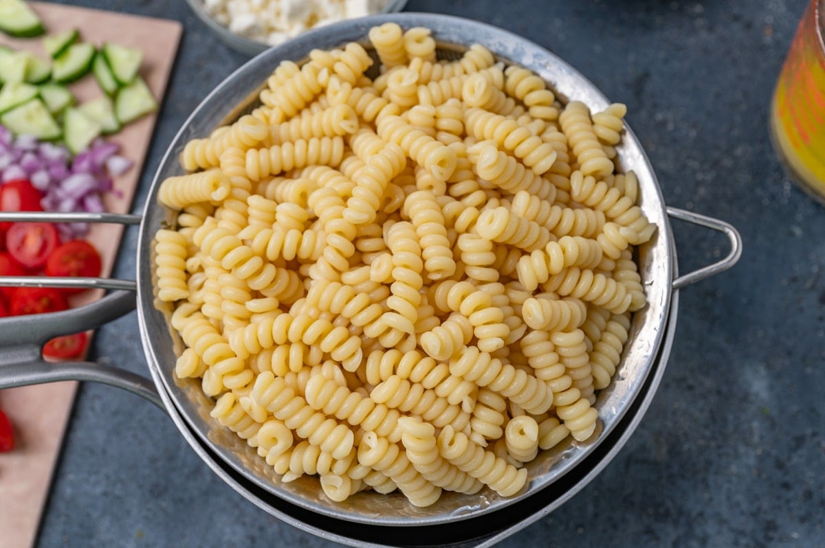 spiral pasta in a colander