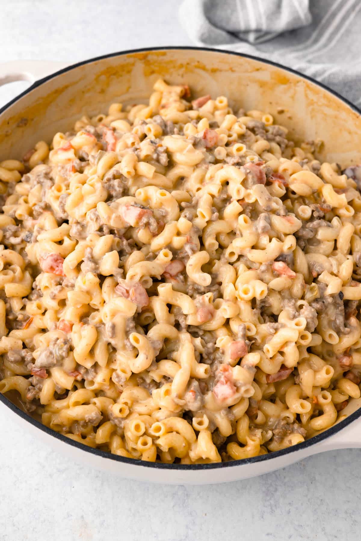 cheesy mac with ground beef in a pot