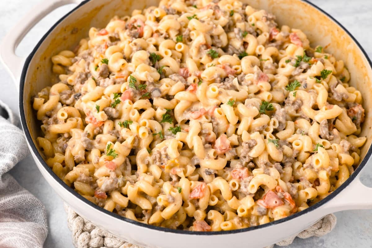 hamburger mac and cheese in a large skillet