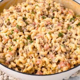 closeup of cheesy macaroni in a pot