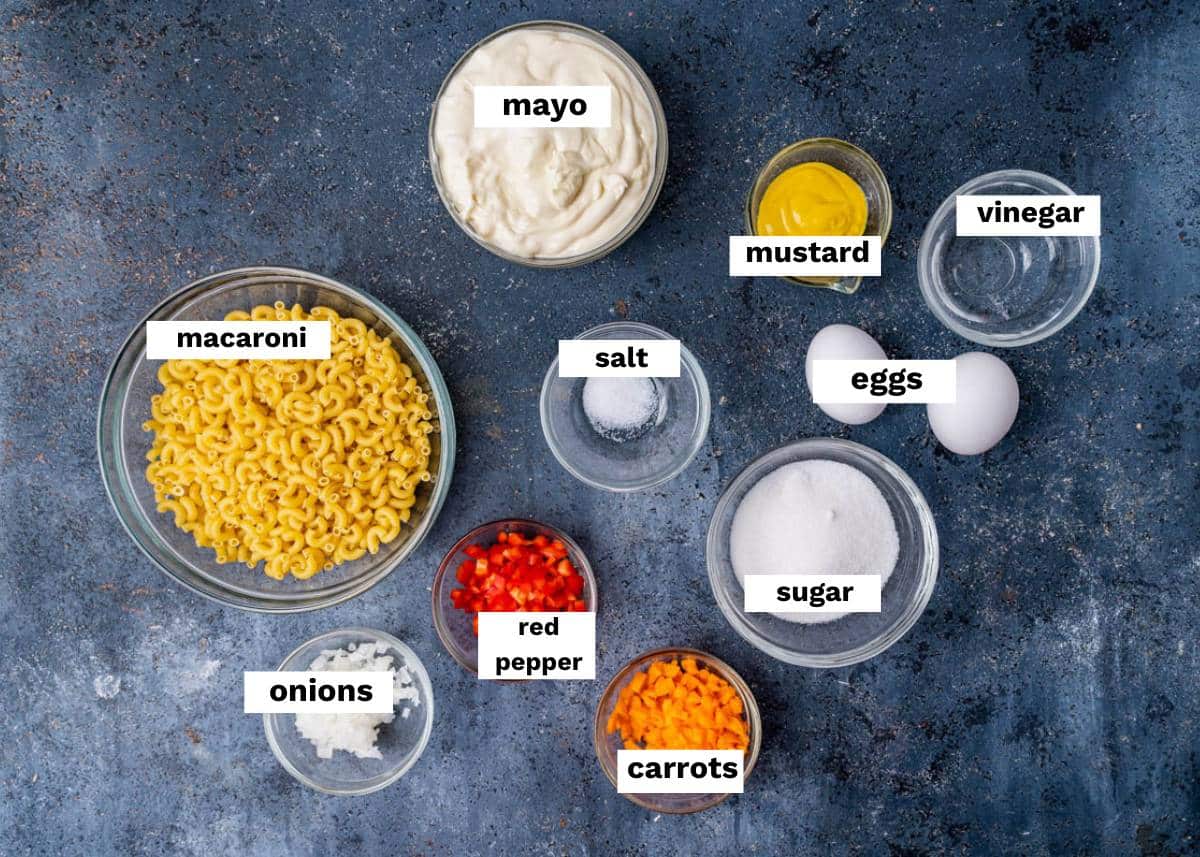 ingredients for amish macaroni salad on a table