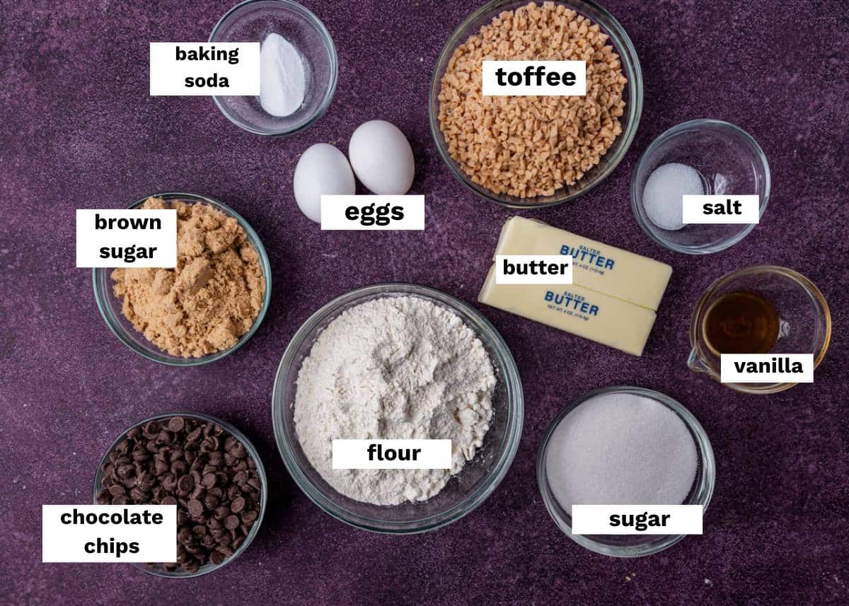 ingredients for toffee cookies on a table