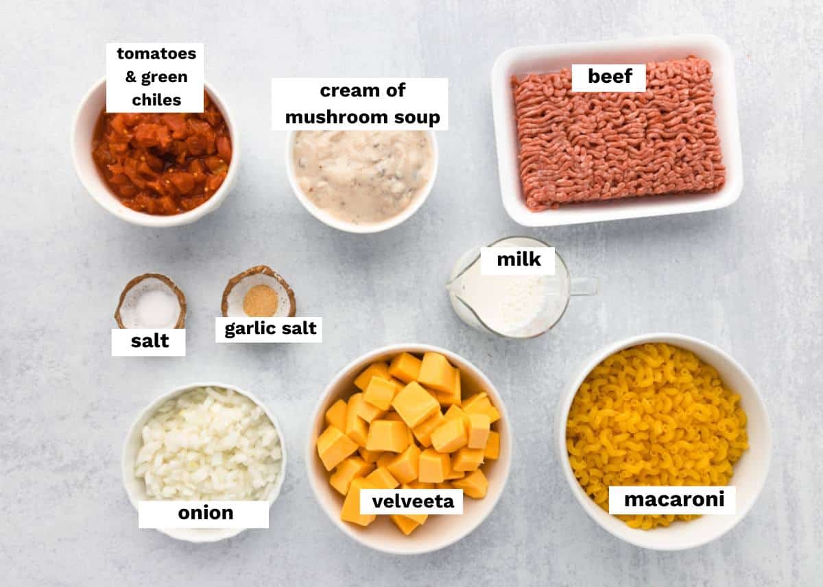 ingredients for hamburger mac and cheese on a table