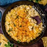 overhead view of street corn dip in a skillet