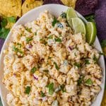 overhead view of a plate of mexican street corn pasta salad