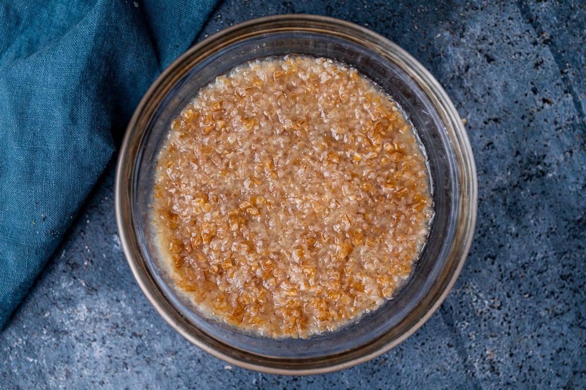 bulgur wheat soaking in lemon juice in a bowl