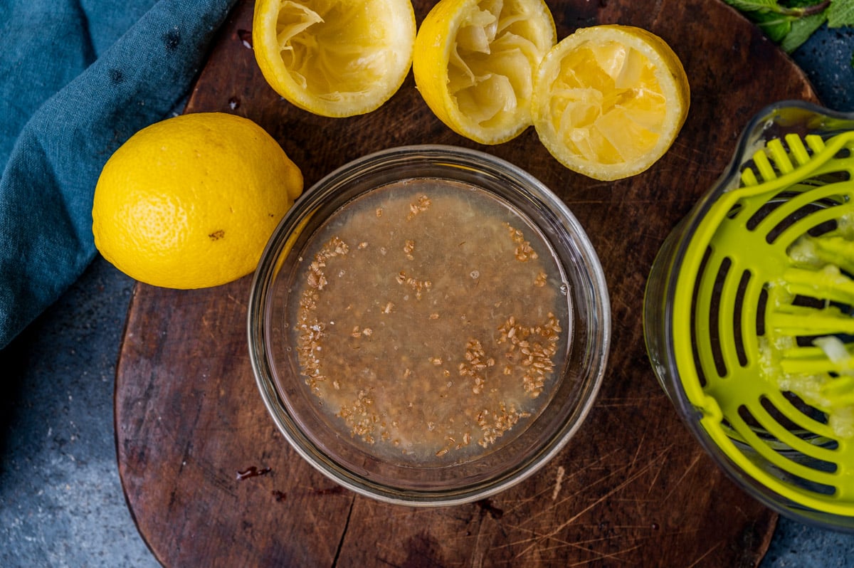 bulgur wheat in a bowl with fresh lemon juice