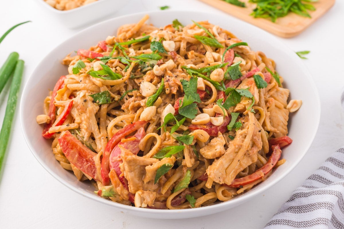 a bowl of thai peanut noodles with cilantro