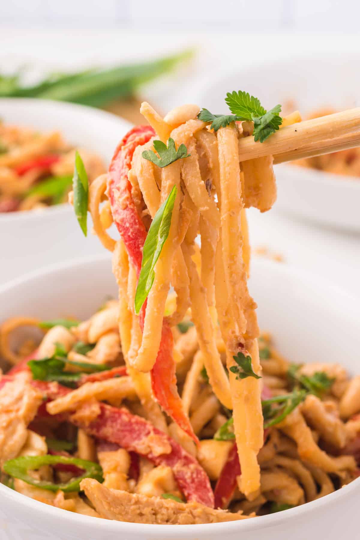 chopsticks picking up noodles with peanut sauce