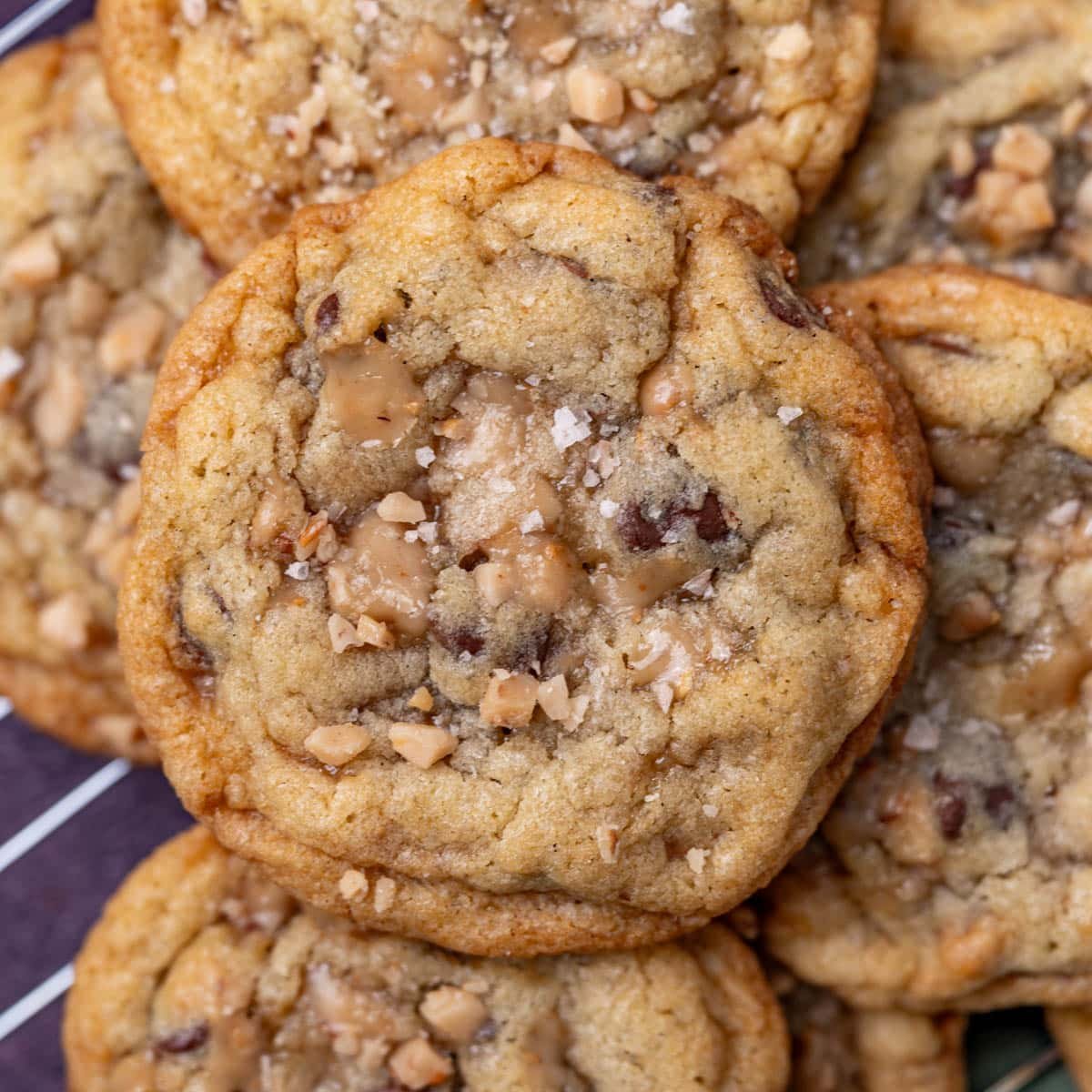 a closeup of a toffee cookie with sea salt