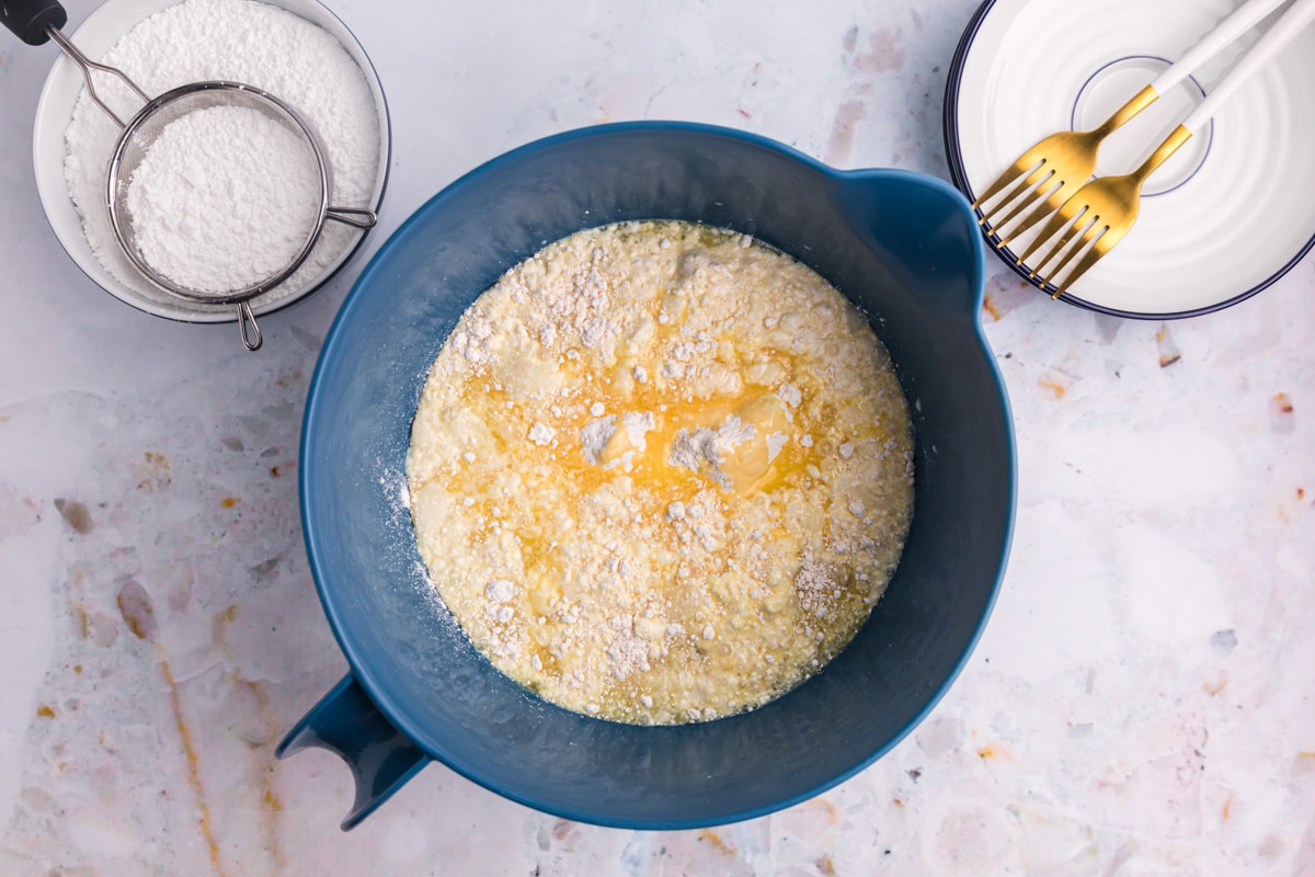 unmixed cake batter in a mixing bowl
