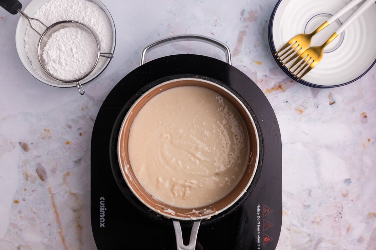 cooked flour mixture for cream filling in a saucepan