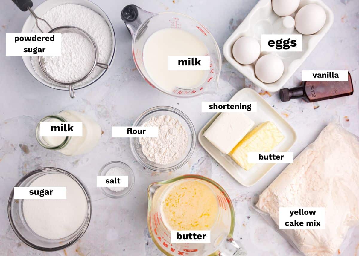 ingredients for twinkie cake on a table