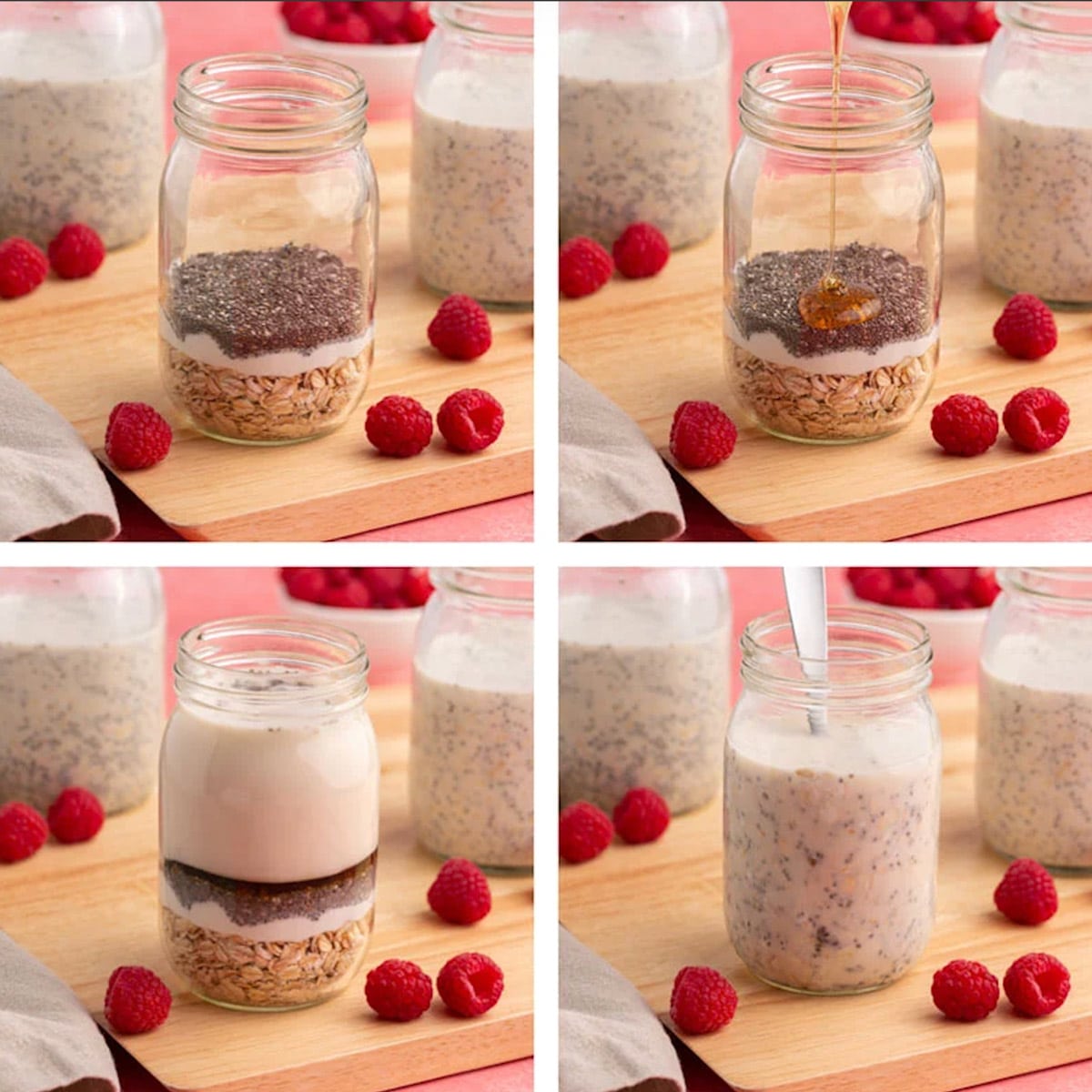 collage of how to make raspberry overnight oats