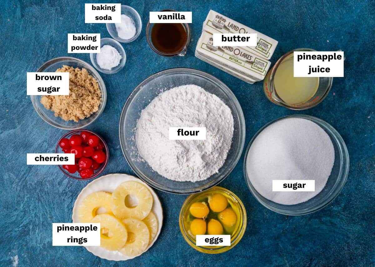 ingredients for pineapple upside down cake on a table