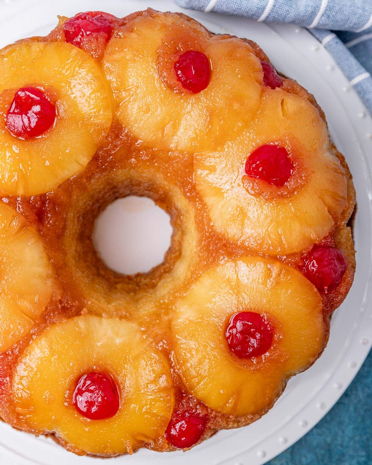 overhead view of pineapple upside down bundt cake