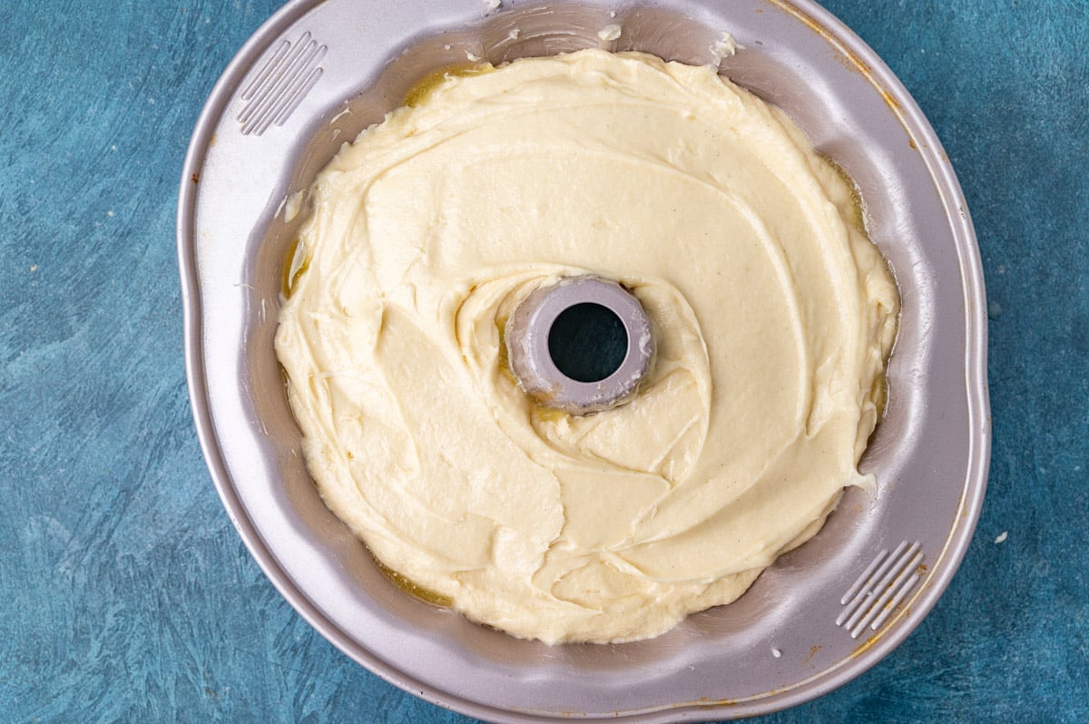 cake batter in a bundt cake pan