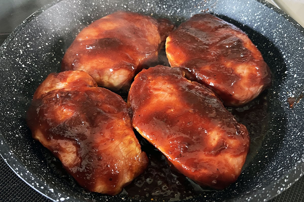 bbq pork chops in a skillet