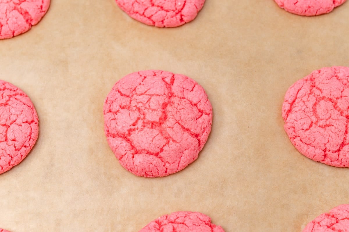 cake mix strawberry cookies on a baking sheet