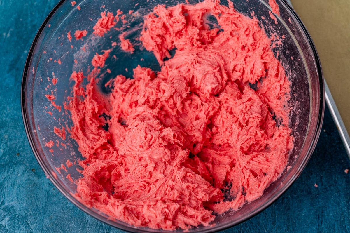 strawberry cookie dough in a glass bowl