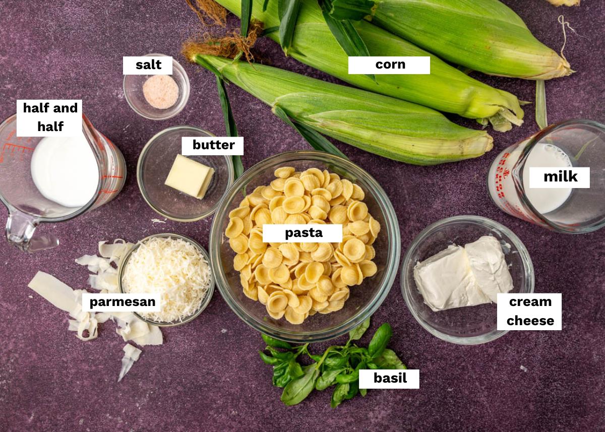 ingredients for creamy corn pasta on a table