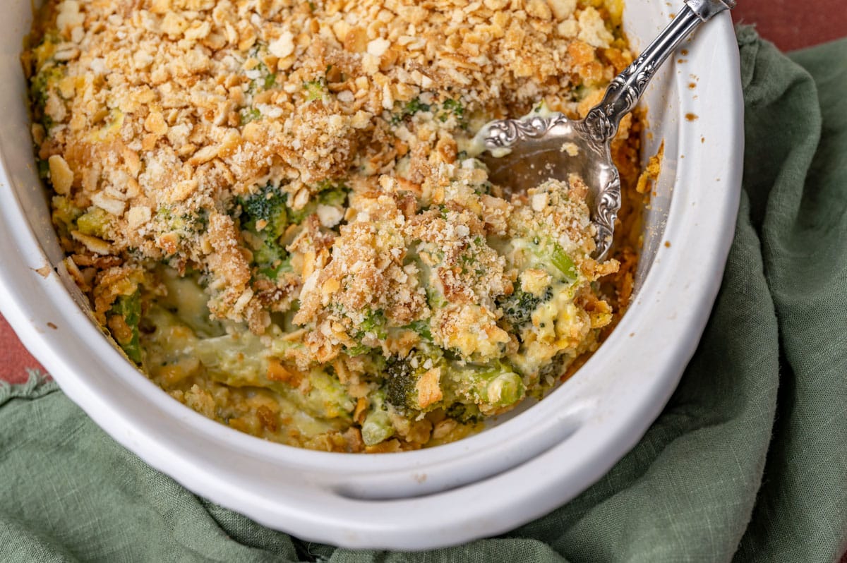 broccoli casserole in a dish with a spoon