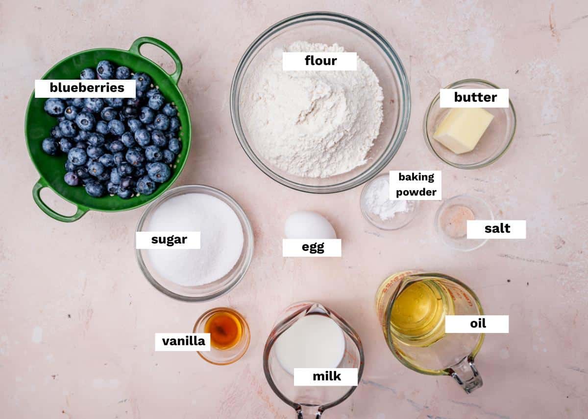 ingredients for blueberry bread on a table