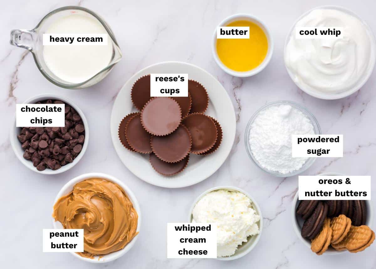 ingredients for chocolate peanut butter pie on a table