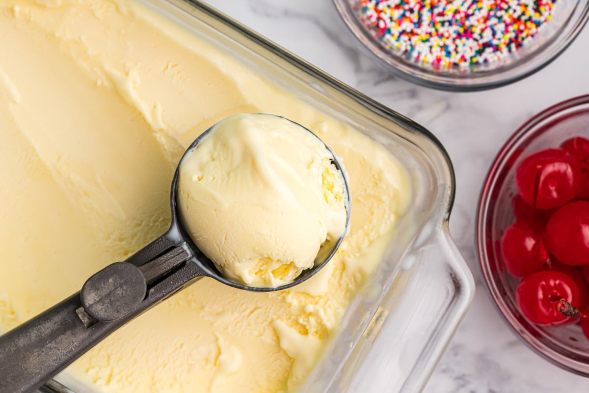 frozen custard in an ice cream scoop on a table