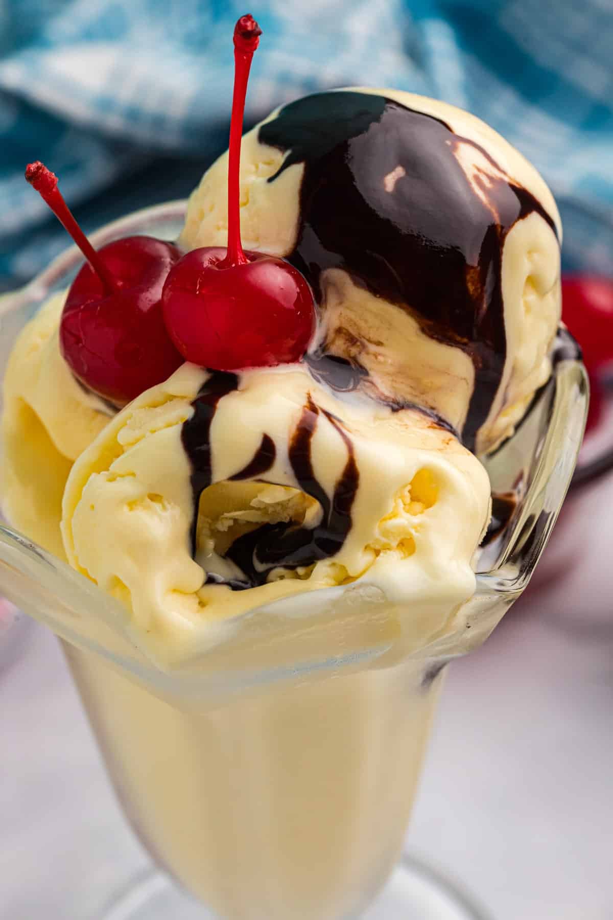 ice cream sundae with cherries and hot fudge