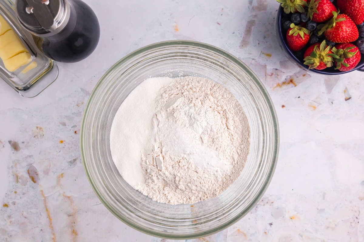 dry ingredients for pancakes in a glass bowl