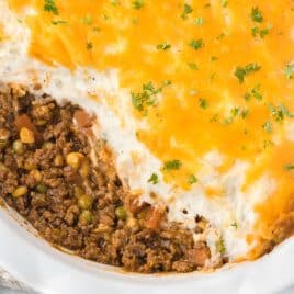 overhead view of a casserole of cottage pie with ground beef and vegetables