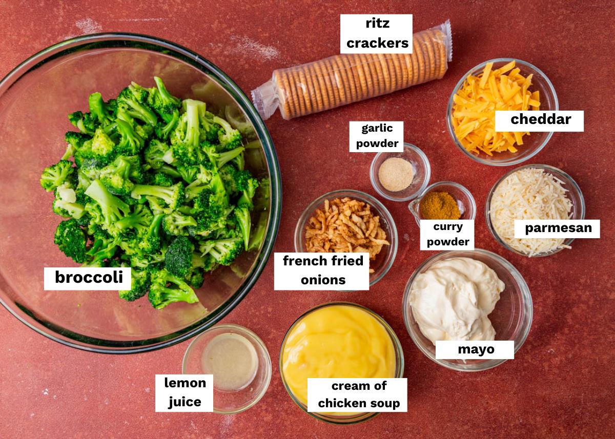 ingredients for broccoli casserole on a table