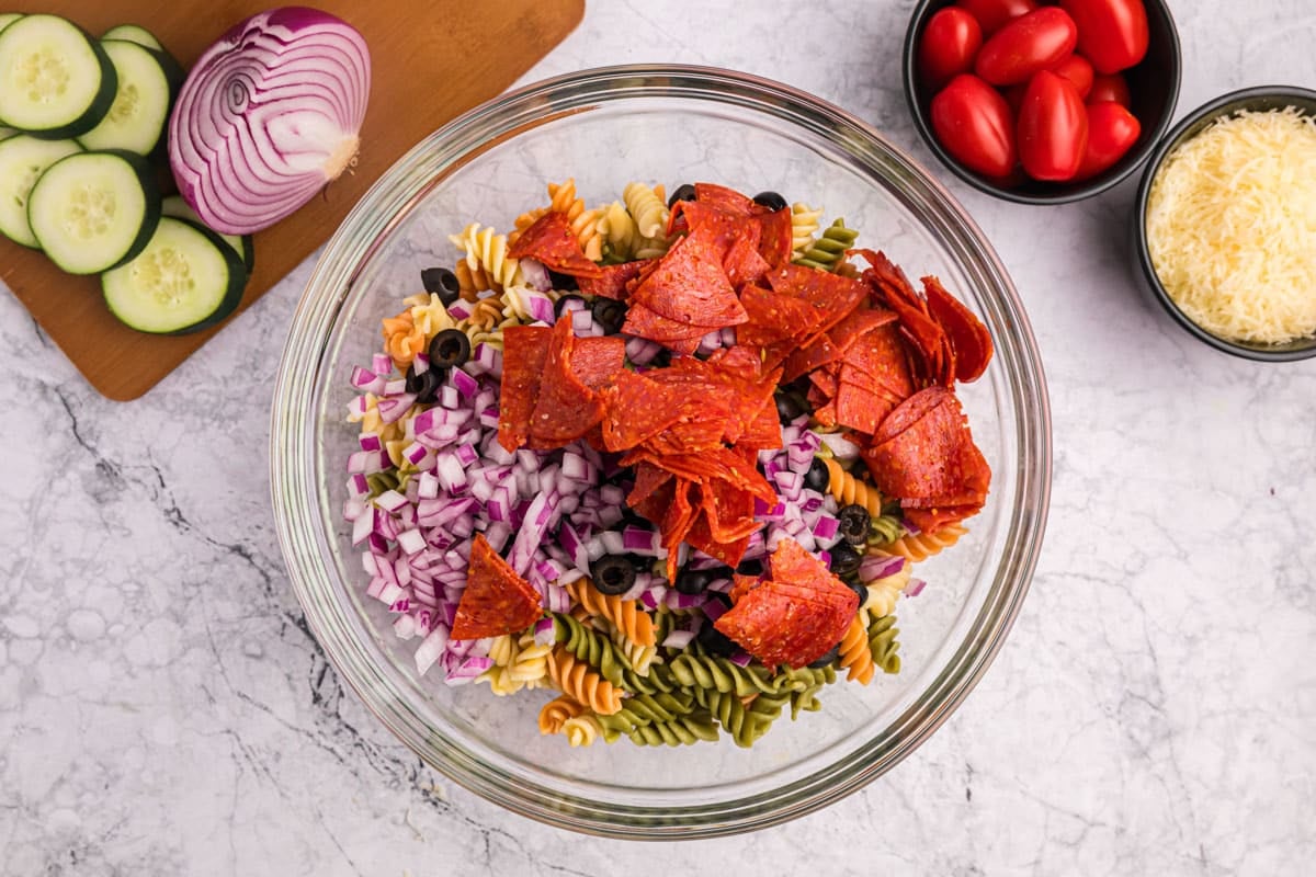 a bowl with pasta, red onion, pepperoni and olives