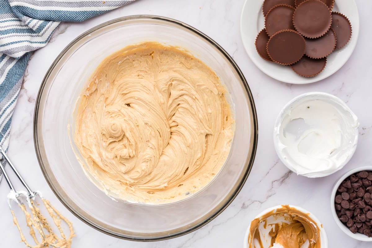 no bake peanut butter pie filling in a glass bowl