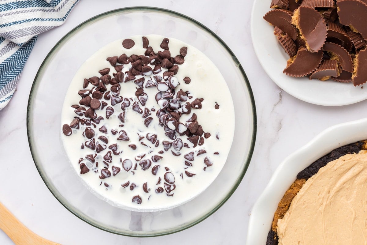 chocolate chips and heavy cream in a mixing bowl