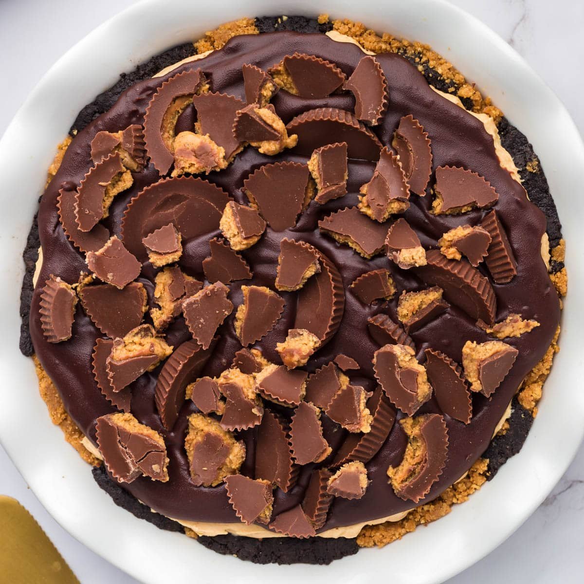 overhead view of a chocolate peanut butter pie