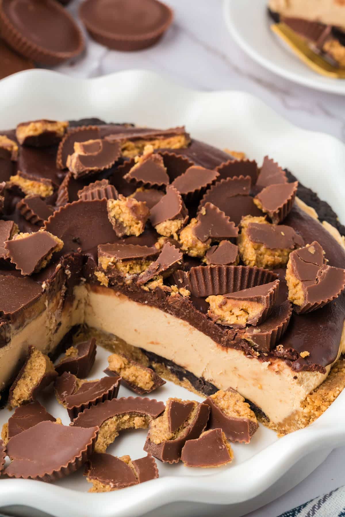 chocolate peanut butter pie in a pie plate with a piece missing