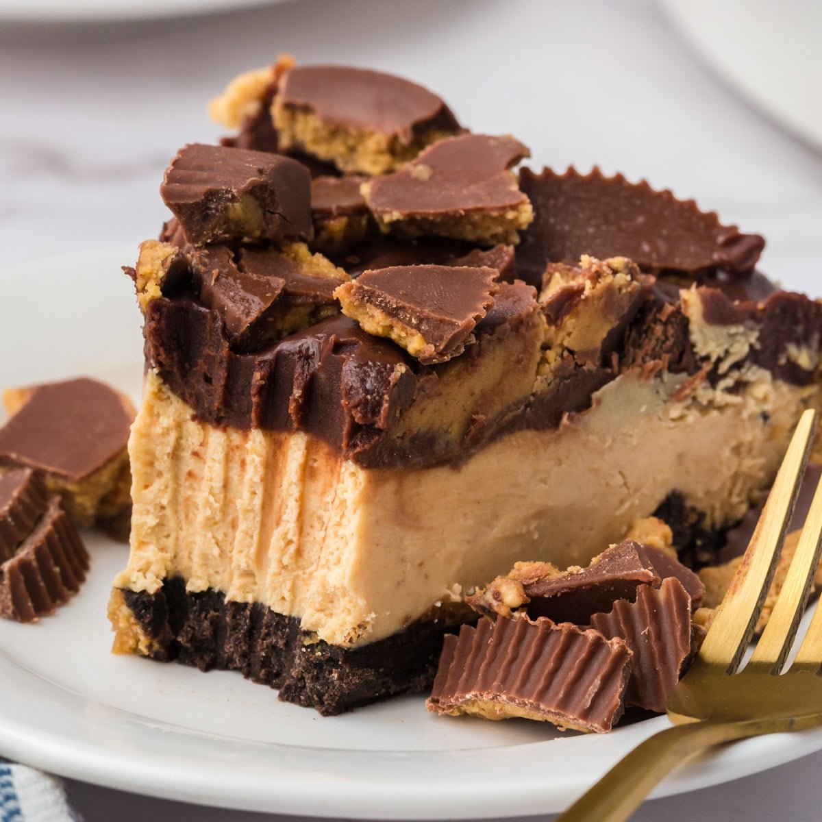 a piece of chocolate peanut butter pie on a plate with a bite out