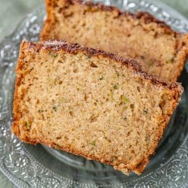 closeup of two pieces of zucchini bread