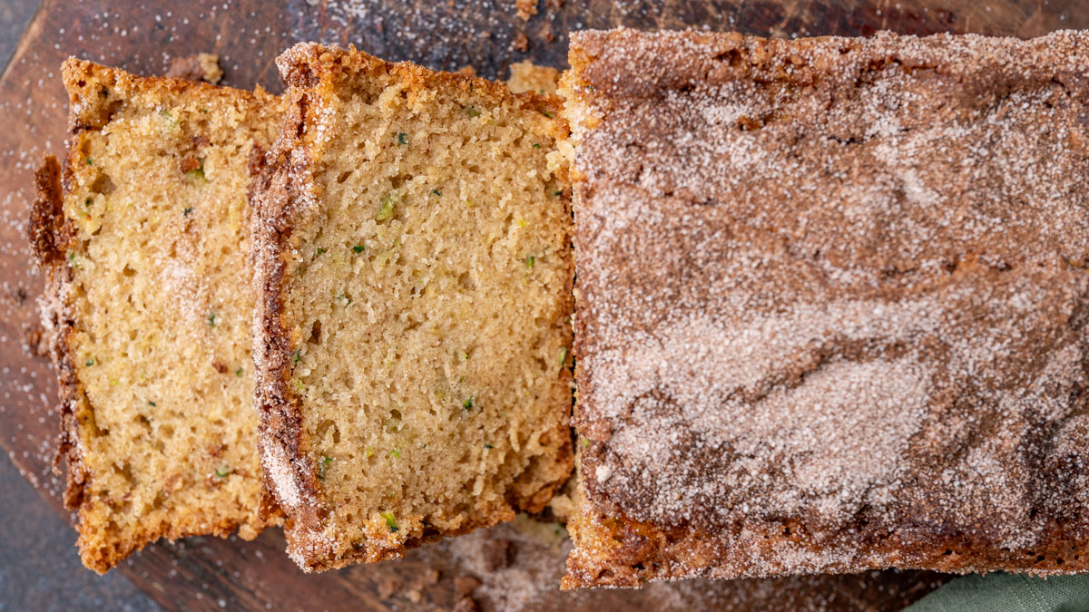 overhead view of a loaf of zucchini bread