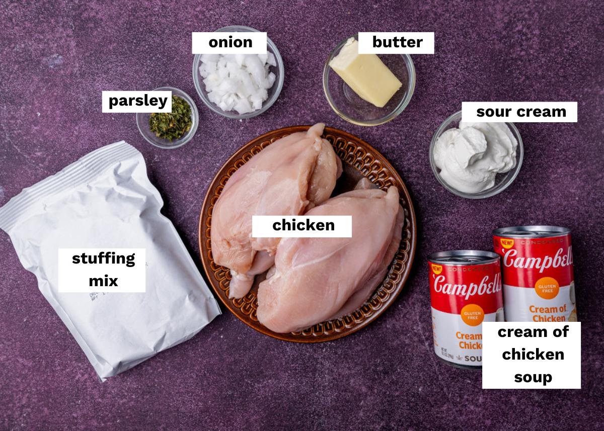 ingredients for crockpot chicken and stuffing on a table