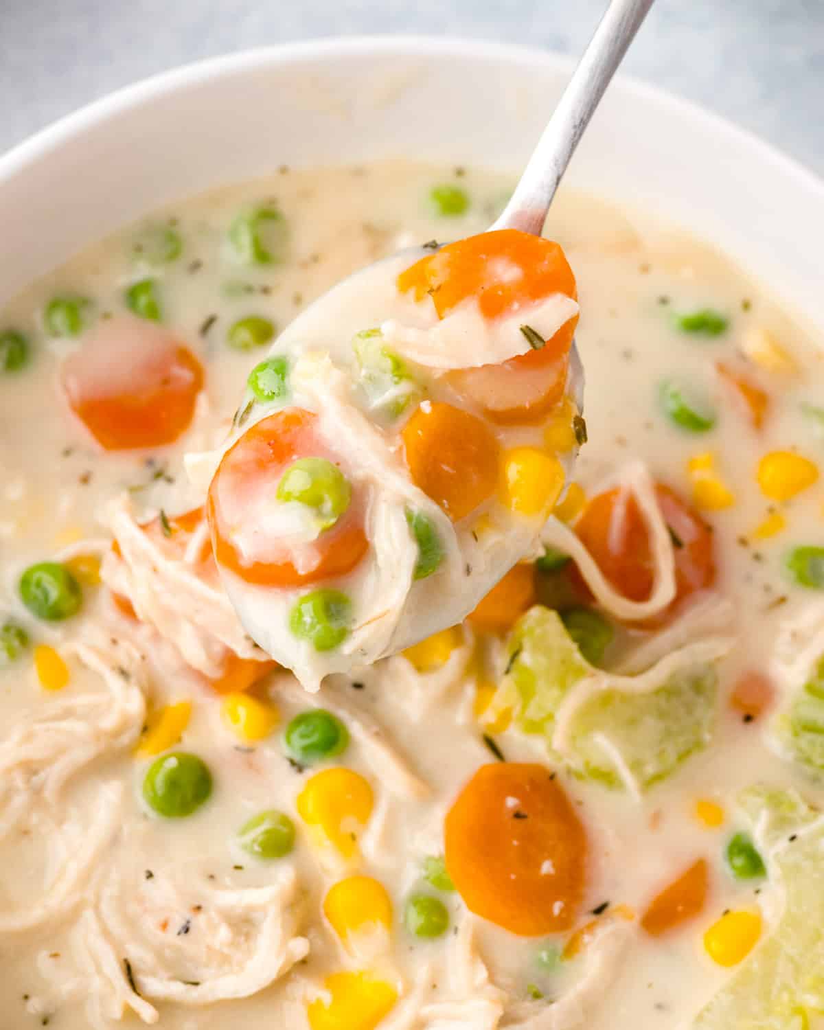 a spoonful of chicken pot pie soup