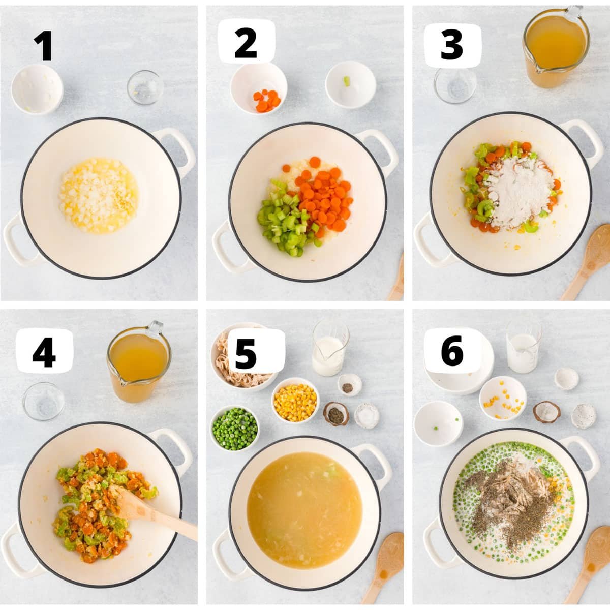 collage of how to make chicken pot pie soup