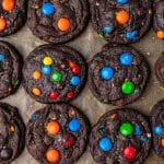 overhead view of chocolate M&M cookies