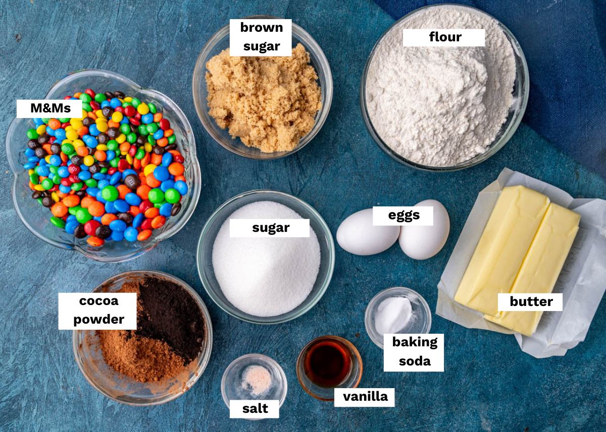 ingredients for chocolate M&M cookies on a table